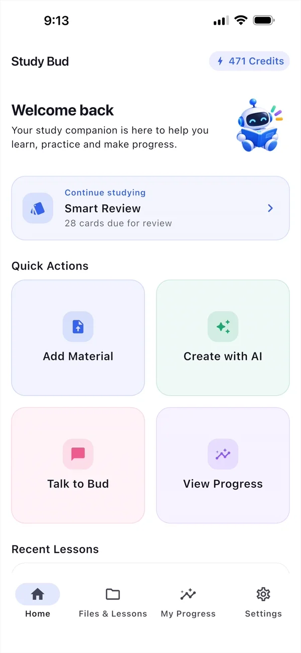 Home screen with Quick Actions and Continue Studying